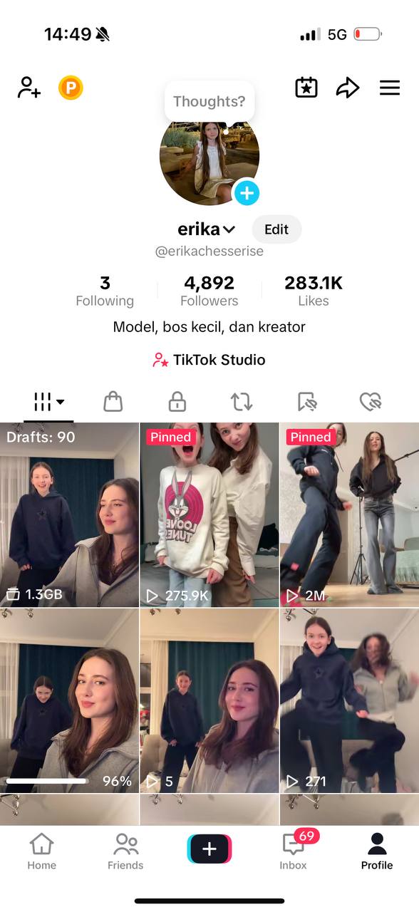 Erika's TikTok profile — 4,892 followers, 283K likes